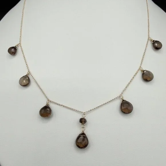 14K Yellow Gold Faceted Smoky Quartz Necklace Pear Shaped Drops Dangle - Picture 10 of 10